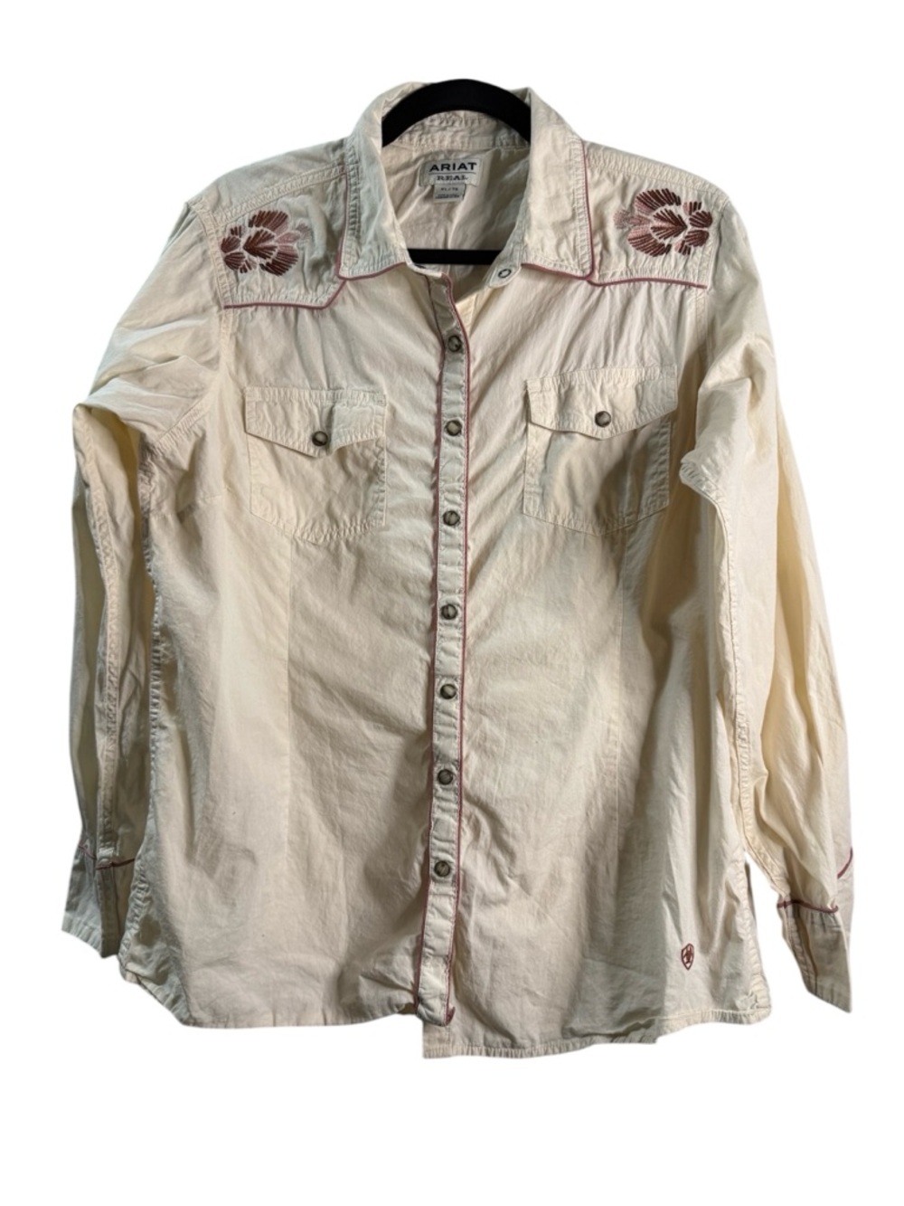 Ariat Cream Western Button-Up Shirt with Burgundy and Pink Embroidery Girly
